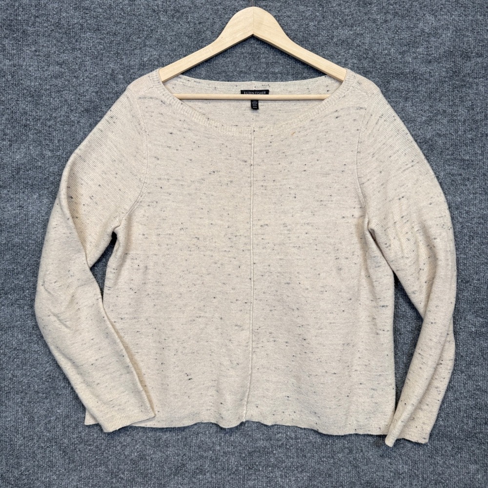 Eileen Fisher Medium Sweater Oatmeal Boat Neck Speckled Cotton Wool Nylon Blend
